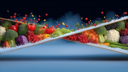 Colorful assortment of fresh vegetables and fruits arranged in a creative display, with a frosty effect, highlighting healthy eating and vibrant culinary inspiration