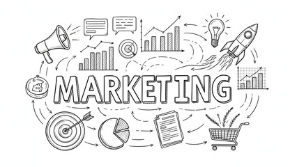 Marketing doodle sketch with business icons and a central focus on growth and strategy