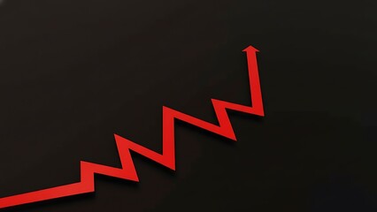 Red sharp zigzag line chart arrow pointing upwards on dark textured background, representing growth, profit, or positive trend