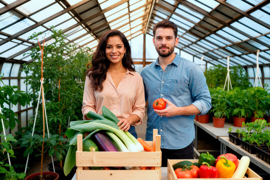 Caucasian man and Hispanic woman standing in greenhouse holding fresh vegetables and smiling at camera, young adults presenting organic produce harvest with wooden crate - Powered by Adobe