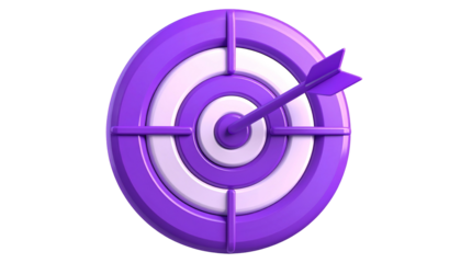 A 3D illustration shows a purple target with a purple arrow hitting the center. The background is black
