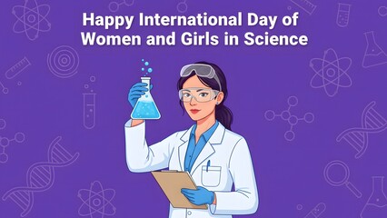 Happy international day of women and girls in science illustration featuring a female researcher.