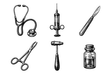 Vintage medical tools collection: stethoscope, syringe, scalpel, and more