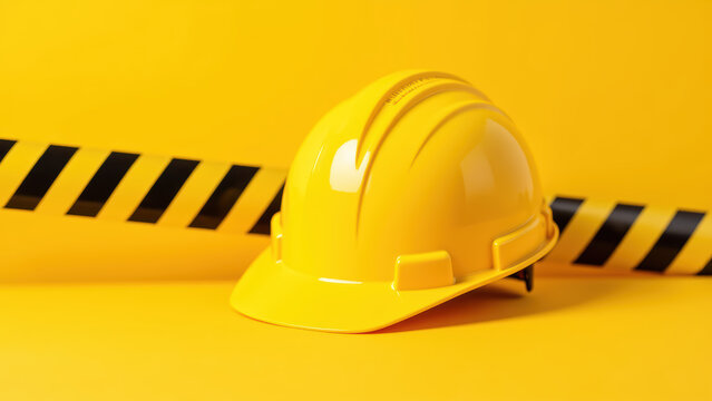 Yellow hard hat construction safety equipment caution tape bright background industrial safety protective gear workplace safety construction site