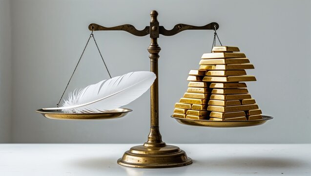 balance scale with feather and gold bars symbolizing value inversion and leverage concept
