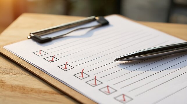 Organized Checklist with Pen on White Paper for Standard Scale Office Environment Document Preparation Productivity Viewpoint Planning and Organization Concept