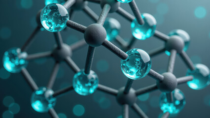 Molecular structure with glowing blue spheres and connecting rods, representing scientific concepts and innovation