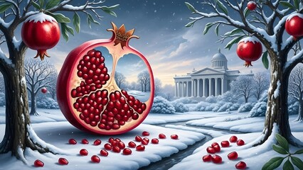 A magical winter landscape featuring a giant cross-section pomegranate in the snow