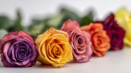 Vibrant multicolored roses arranged in a row showcasing purple yellow pink orange and burgundy petals on a soft blurred natural background for floral decoration