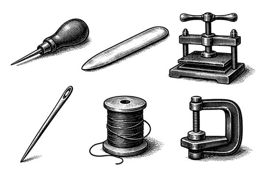 Vintage engraving of bookbinding tools with detailed black-and-white shading