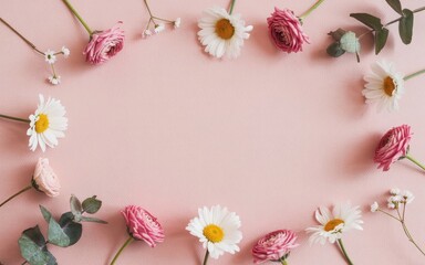 Fototapeta premium Beautiful floral frame with pink and white spring flowers on a delicate pink background