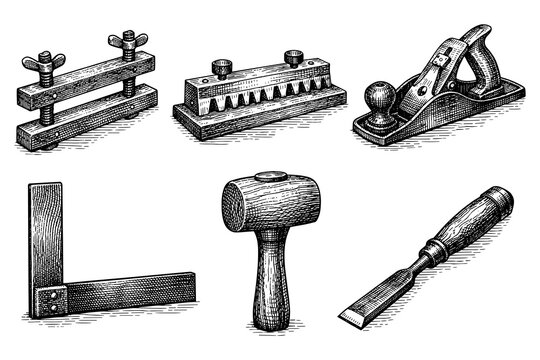 Vintage woodworking tool set engraving with mallet, chisel, and plane