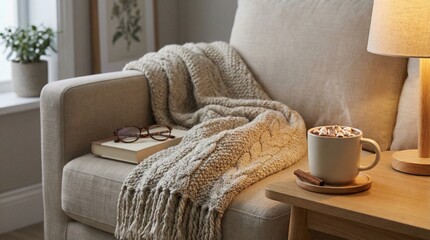 Blanket on sofa with hot cocoa mug in cozy living room setting  