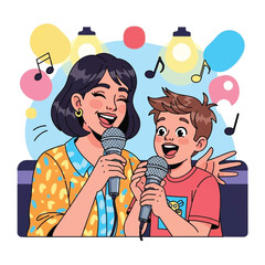 Woman and boy singing with microphones.