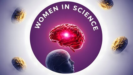 Women in science concept with brain and floating objects
