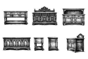 Fototapeta premium Vintage hand drawn antique furniture set with intricate details