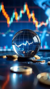 Crystal ball reflecting stock market trends, with scattered gold coins and blue financial chart background, conveying investment forecasting