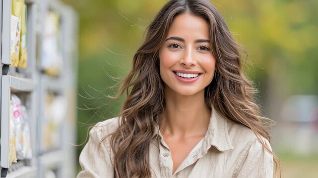 Smiling woman with long hair standing outside near mailboxes on a sunny day