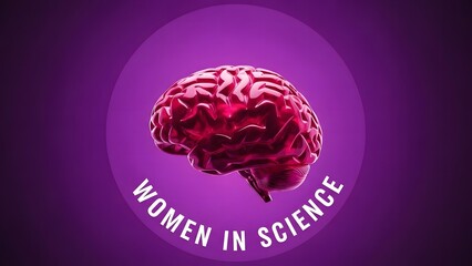 Pink brain with Women in Science text on purple background