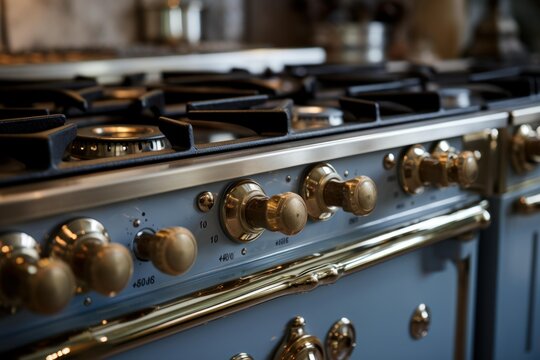 Close up of a high end gas stove featuring brass accents and multiple burners