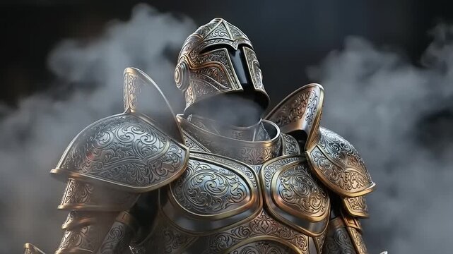Closeup of a medieval knight in full ornate armor ready for battle with smoke in the background.