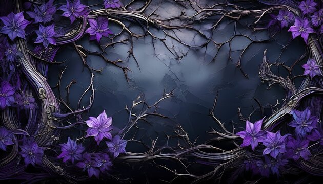gothic fantasy dark background surrounded by dry branches thorns ivy and purple flowers black old worn grunge backdrop framed with horror dry branches and thorns color pop contrast