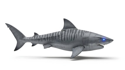 Fototapeta premium A robotic shark toy with glowing blue eyes on a white background