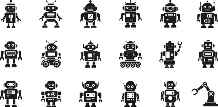 Robotics and artificial intelligence icons collection featuring flat color and black silhouette styles