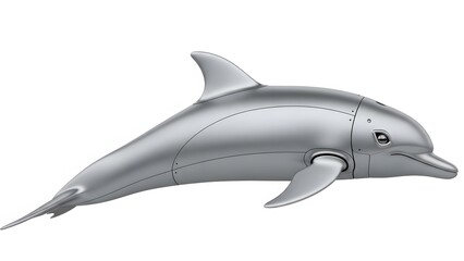 A robotic dolphin swims through the water with a metallic sheen