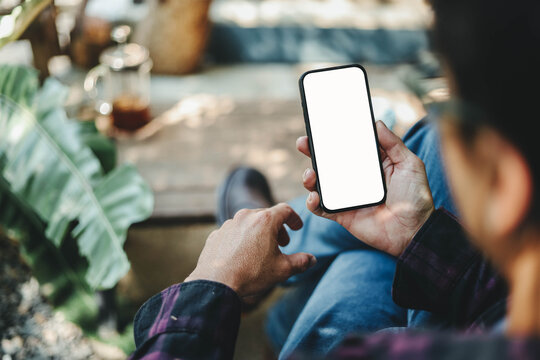 Mobile phone blank white screen mockup.texting using cell phone.background empty space for advertise.work people contact marketing business,technology