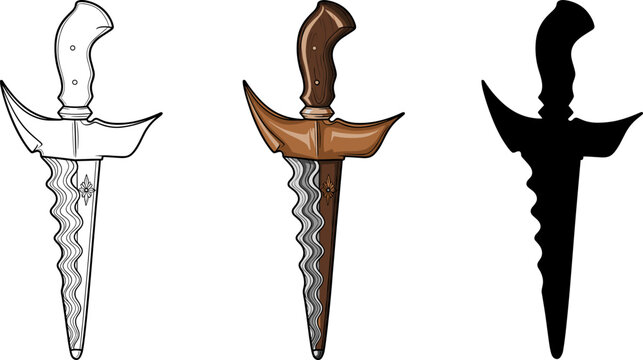 Traditional Malay and Indonesian Keris dagger with wavy blade in color, line art, and silhouette.