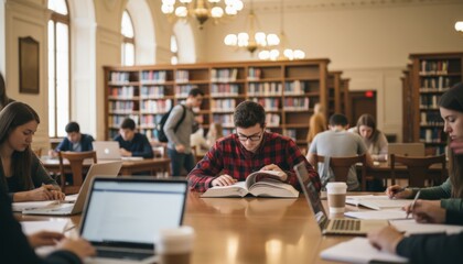 Student Studies Amid Library Shelves, Young Scholar Engaged With Books At Desk, Student Concentrating On Laptop And Texts In Serene Library Environment For Scholarly Investigation
