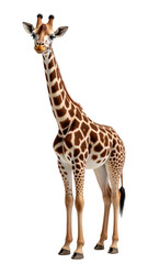 Fototapeta premium Realistic animated giraffe stands tall with unique pattern of spots, showcasing its long neck and expressive features. This charming character