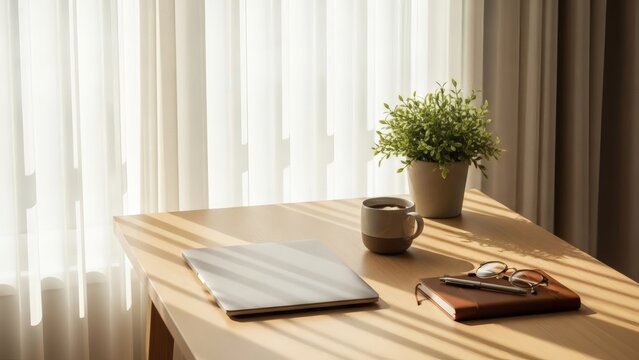 A sunny workspace by a window with sheer curtains featuring a wooden desk a closed laptop a mug a plant a notebook a pen and eyeglasses