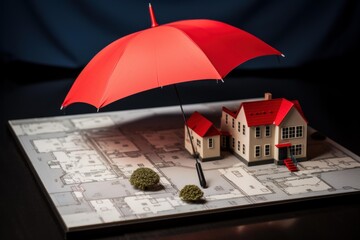 Red umbrella protecting a miniature house and blueprint, symbolizing home insurance and property security