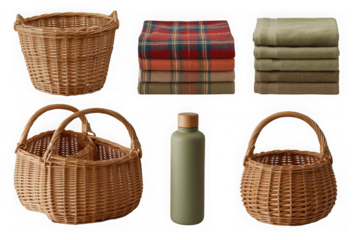 Collection of Picnic Baskets and Towels on white Background 