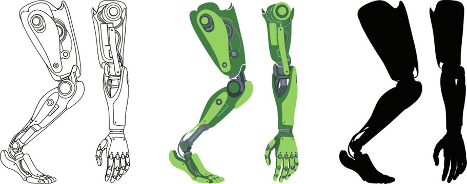 Artificial bionic robotic leg and hand limbs set featuring line art, mechanical color, and silhouette.