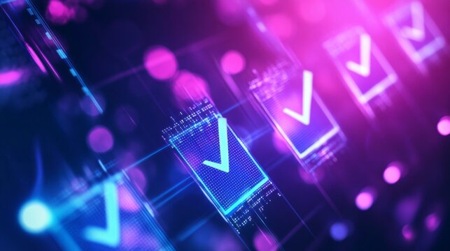 Digital checklist interface with glowing bokeh lights displaying progress and completion in an abstract design during data processing activity - Powered by Adobe