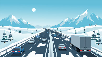 Winter highway traffic with snow-covered mountains, vector illustration of cars and trucks on a snowy road