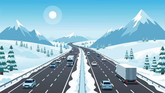 Winter highway driving vector illustration with snow-covered mountains and vehicles on the road