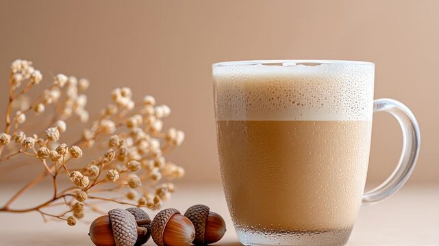 Cozy autumn latte with acorns and dry branches on a warm beige background