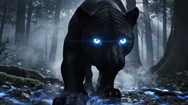 A black panther with glowing eyes stalks through a misty forest at dusk.