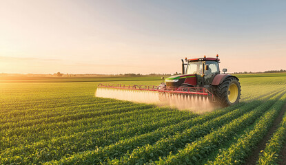Tractor spraying fertilizer on a crop field during sunset