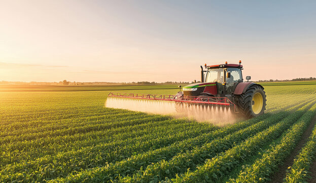 Tractor spraying fertilizer on a crop field during sunset