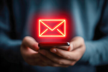 Person holding smartphone with glowing red email envelope icon hovering above symbolizing digital communication and electronic messaging on dark background