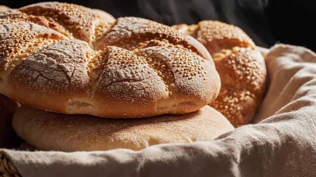 Freshly baked hot bread with steam rising in a rustic basket. Close-up of an artisanal loaf with a golden crust and sesame seeds. Homemade baking concept
