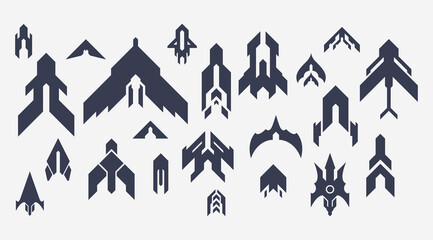 Futuristic aircraft and spaceship icon set. Minimalist flat vector icons for aerospace and tech. Perfect for science fiction branding, technology app interfaces, gaming assets, and modern aviation © N-Focus 5