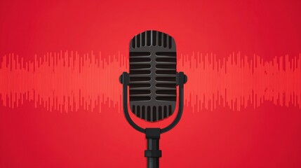 Fototapeta premium Voice Beyond Distance Classic Vintage Microphone Against Bright Red Digital Audio Waveform Display World Radio Day Audio Broadcasting Concept Voices Through the Air