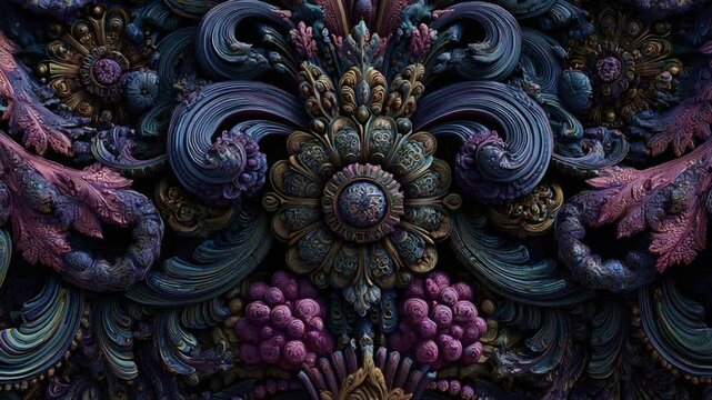A Stunning Close-Up of Intricate Baroque Floral Patterns Crafted from Swirling Colors and Textures, Featuring Lavish Details in Purple, Gold, and Aqua Hues