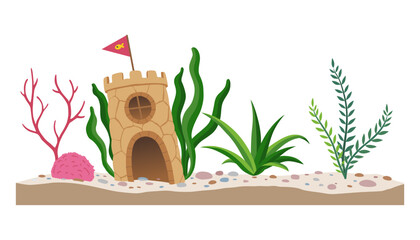 Aquarium decoration, different colorful algae, shells and sand. Underwater life scene. Beautiful vector glass aquarium accessories set in flat style on white